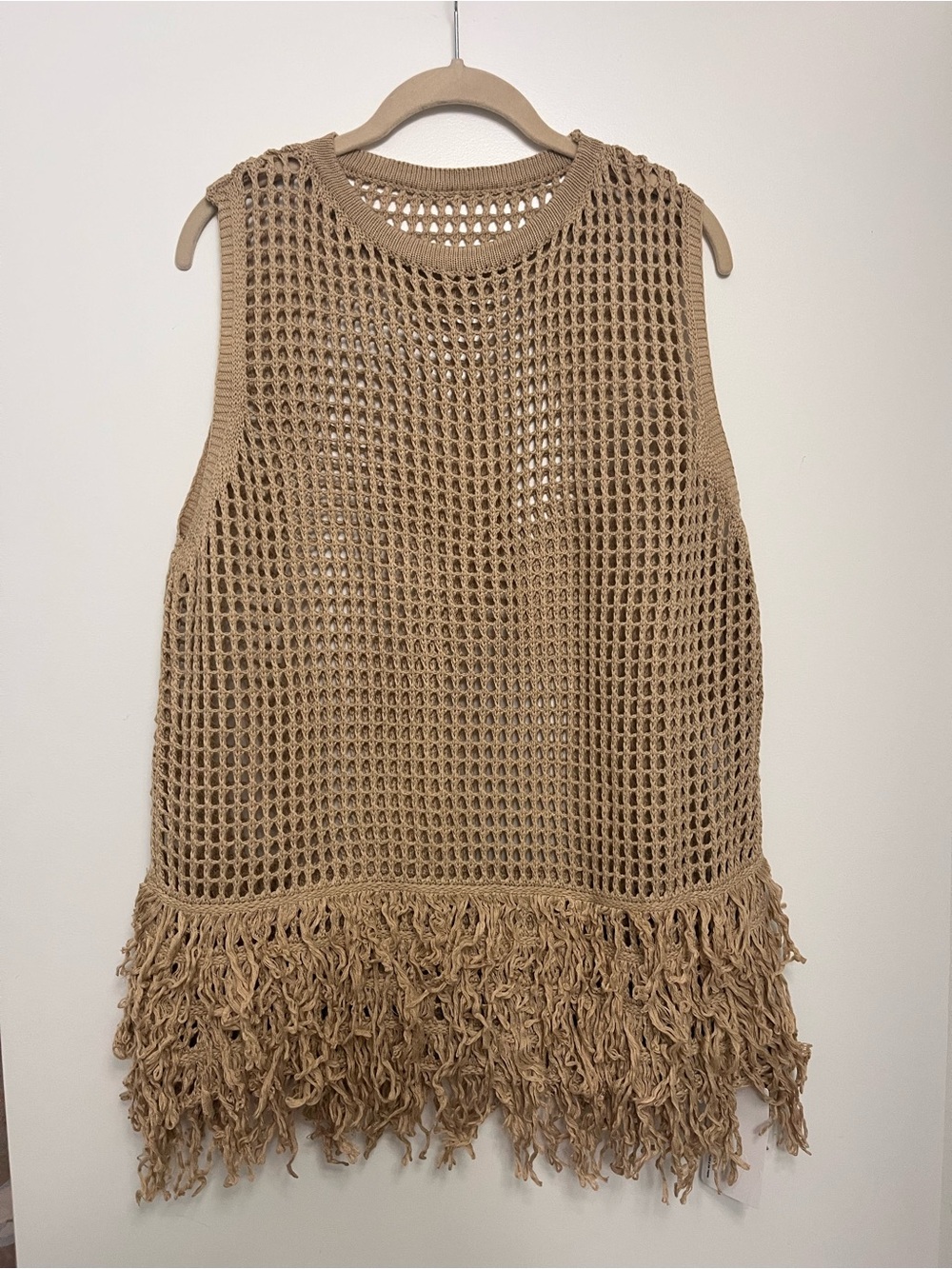 Beige Crochet Fringe Swim Coverup